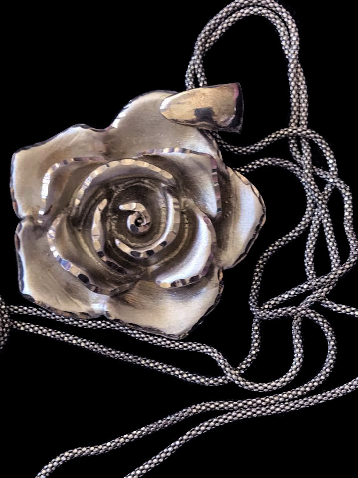 Italian Diamond Cut Sterling Silver Satin Rose Necklace