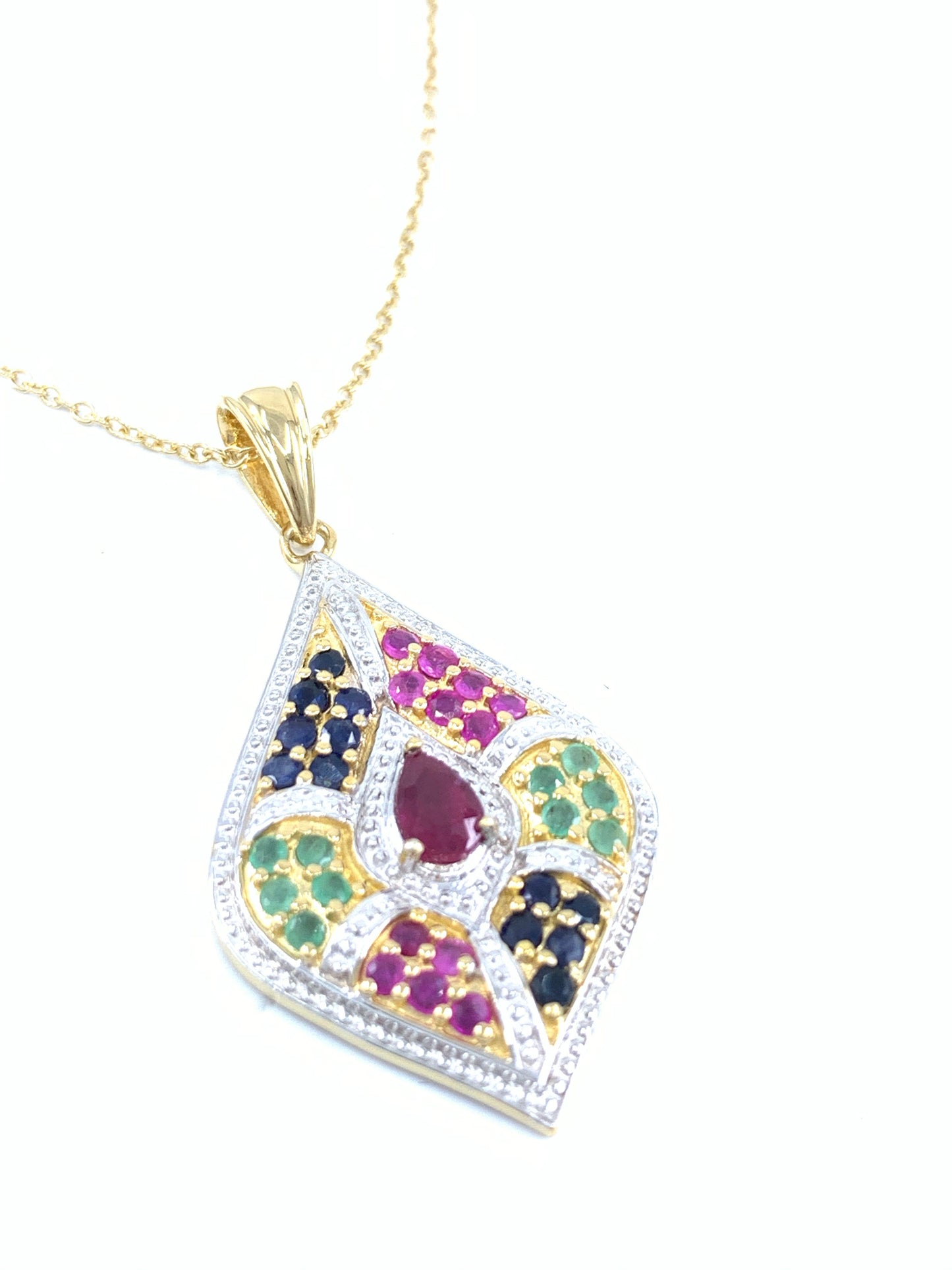 Fascinating 14k Gold Emerald Ruby and Sapphire Pendant